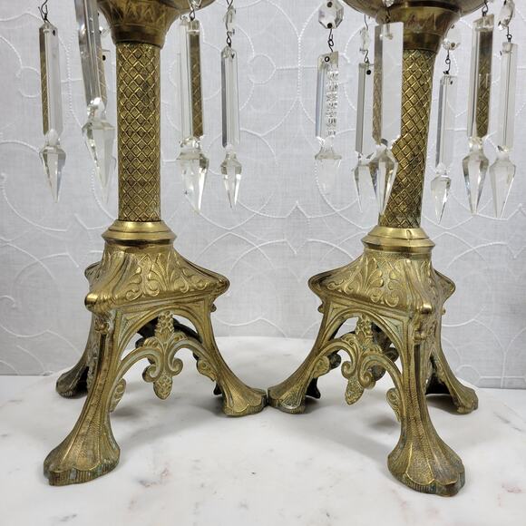 Antique Brass Candlesticks 11" Gold Candle Holder Crystal Prisms Ornate Art Deco - Picture 14 of 16